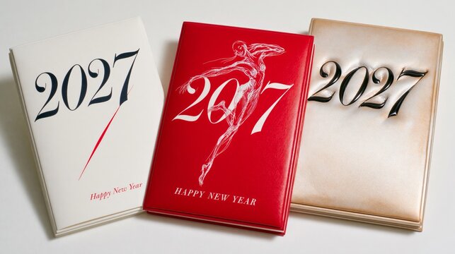Three stylish 2027 calendars display elegant designs. Each cover features bold "2027" numerals with unique artistic flair. Red version includes dynamic silhouette against glossy backdrop
