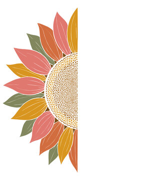Retro 70s half sunflower bohemian floral illustration isolated on transparent background