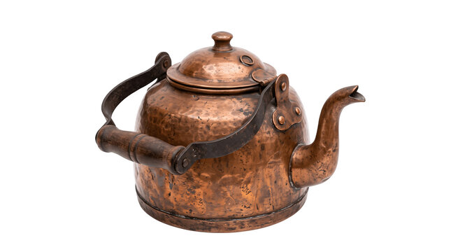 Vintage copper tea kettle with an ornate metal handle for hot water isolated on transparent background cut out