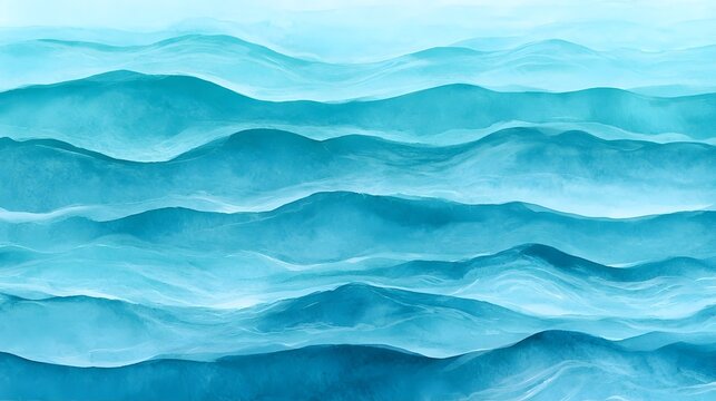 Artistic watercolour bright turquoise blue wavy layered marine border background. Hand painting aquamarine teal watercolor overlay sea waves frame for ocean banner, undersea, nature poster design