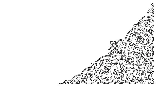 Elegant black and white ornate corner flourish with floral motifs and swirling patterns.