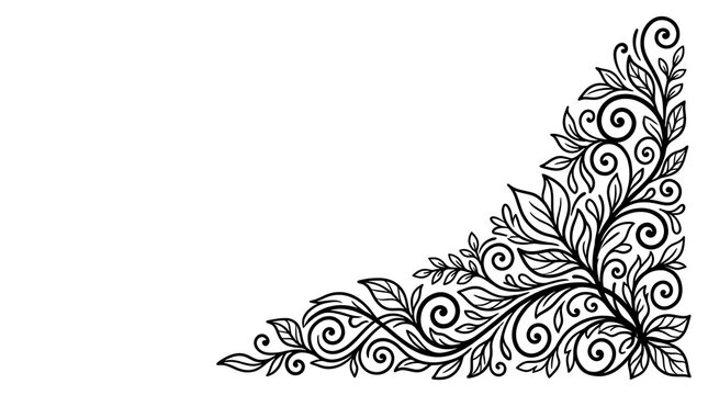 Elegant black and white floral corner design with swirling leaves and vines.