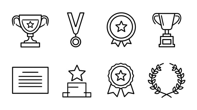 Awards icon set. Collection of champion trophy cup, gold medal, certificate diploma, winner podium, achievement badge and laurel wreath line icon vector illustration with editable stroke. Stock Vector