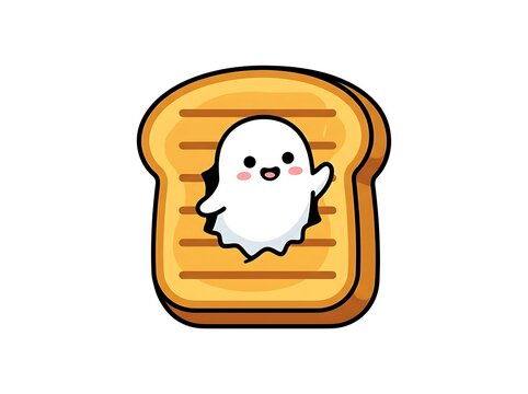 Cute Cartoon Ghost Popping Out of Toasted Bread Slice Flat   Isolated on White Background