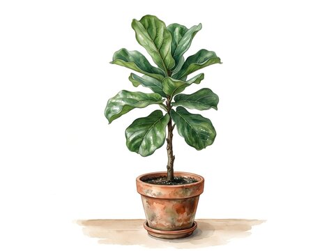 Watercolor illustration of a potted fiddle leaf fig plant with vibrant green broad leaves with detailed watercolor painting growing weathered terracotta