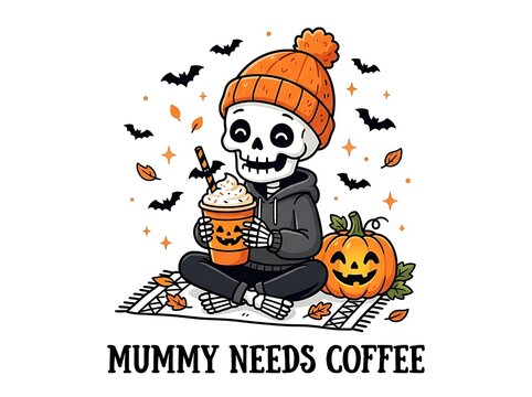 Cute Halloween Skeleton Wearing Orange Beanie Holding Pumpkin Coffee Cup Vector Illustration with Mummy Needs Coffee Text
