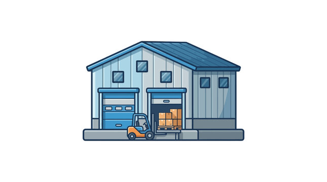 Warehouse building featuring open doors and a forklift loading cardboard boxes.
