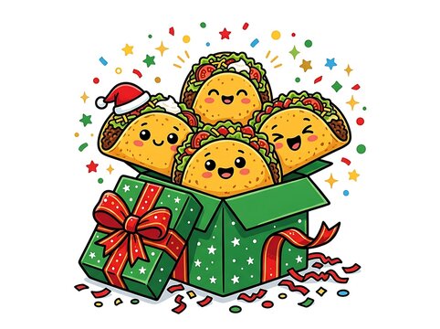 Cute Cartoon Tacos Wearing Santa Hat Popping Out of Open Green Christmas Gift Box with Ribbon and Confetti