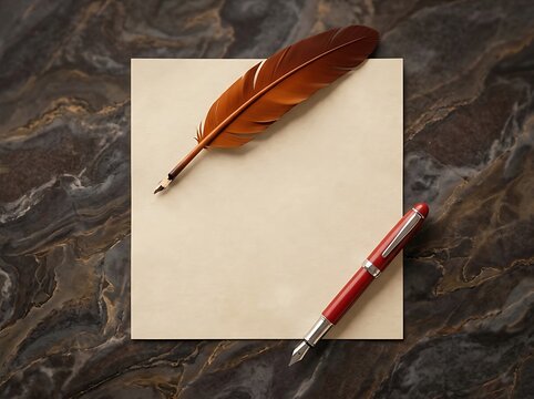 Vintage Brown Feather Quill and Red Fountain Pen Resting on Blank Paper Sheet Mockup on Dark Marble Table Top View