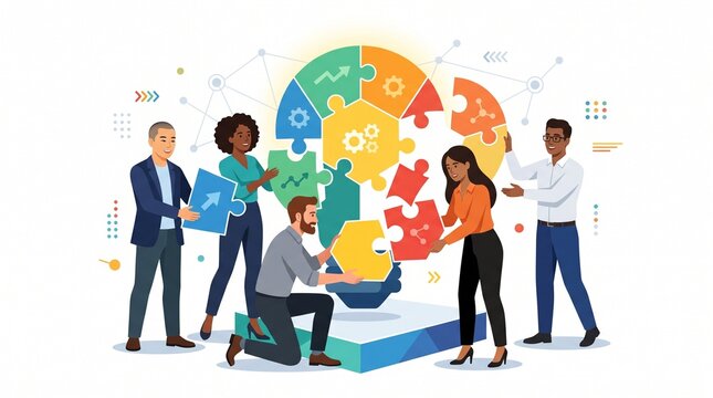 Multicultural business team assembling puzzle pieces, diverse colleagues constructing globe, teamwork collaboration concept, flat illustration, corporate synergy vector