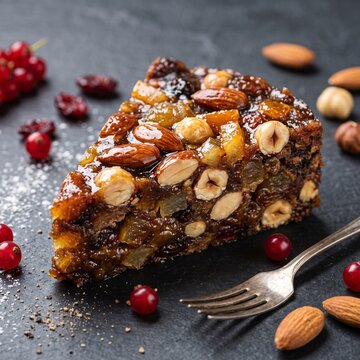 Sliced Panforte di Siena with Honey, Roasted Almonds and Spices on Dark Slate Background