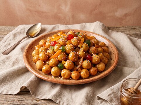 Neapolitan Struffoli Honey Balls with Candied Fruit on Warm Terracotta Minimalist Background