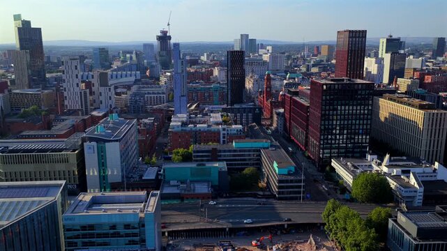 Aerial Video of Oxford Road Corridor, Mancunian Way and Manchester Skyline
