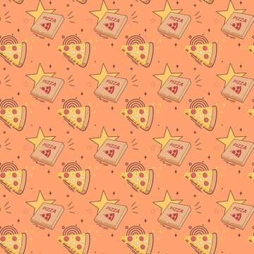 Pizza slice and delivery box seamless pattern with stars doodle vector illustration
