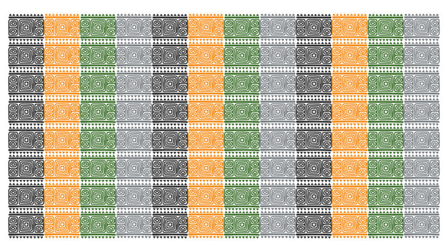 Seamless Geometric Tribal Pattern with Orange, Green and Gray Ethnic Motifs on Black Background