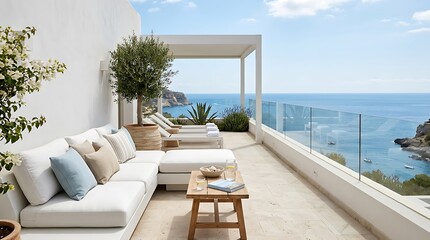 Fototapeta premium Luxury terrace with sea view and outdoor lounge furniture