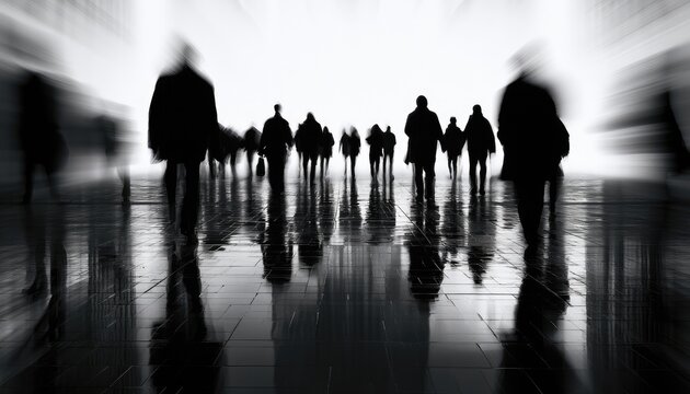 Silhouettes of people walking in a bright, blurred hallway