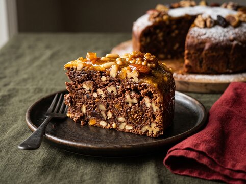 Sliced Pangiallo Romano Cake with Dried Figs and Nuts on Olive Green Background