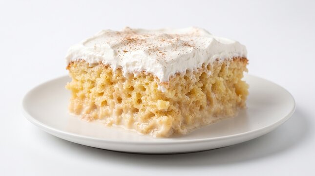 Moist tres leches cake with whipped cream and cinnamon. Isolated on White background