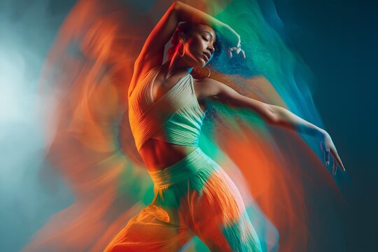 Female dancer performing expressive contemporary choreography with vibrant long exposure light trails and motion blur effects