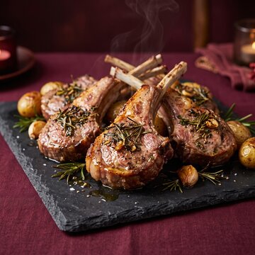Succulent Roasted Lamb Chops with Herbs on Black Slate with Deep Burgundy Background
