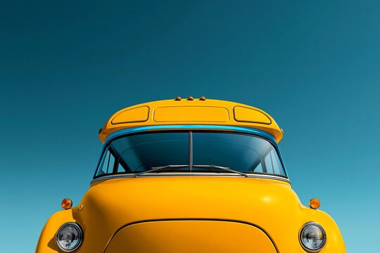 Vintage yellow bus front end close up view against vibrant blue sky background