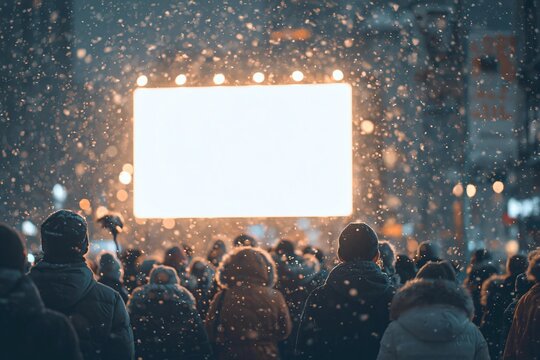 Crowd gathered watching large bright digital screen snowfall night winter