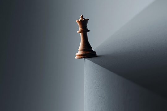 Wooden chess queen balancing precariously on edge of steep cliff. Strategy risk challenge concept