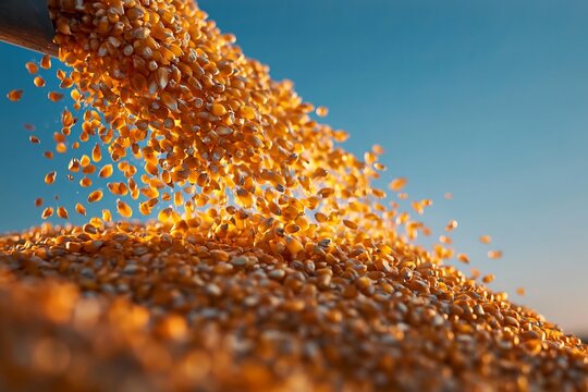 Fresh golden corn grains pouring from metal chute into giant heap outdoors against clear blue sky