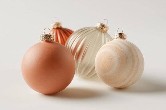 Four decorative Christmas ornaments arranged on a neutral white studio surface