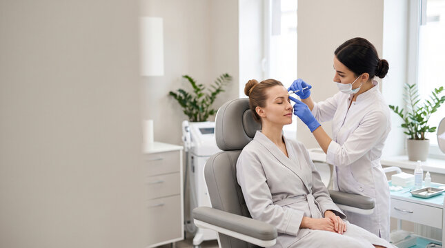 Professional cosmetologist in blue scrubs and medical mask performing botulinum toxin injection forehead wrinkle smoothing procedure on a female client in a modern aesthetic dermatology clinic