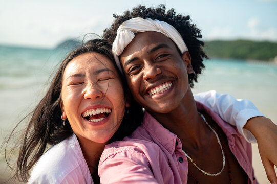 Couple embracing trust and deep connection, enjoying a peaceful and harmonious relationship on beach