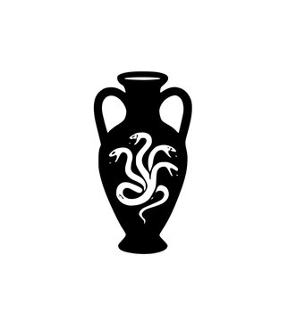 Greek Amphora with Hydra icon. Black silhouette of an ancient pottery vase decorated with multi-headed serpents, ideal for mythology, history, and legend designs