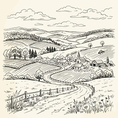 Fototapeta premium Rustic Village Landscape Drawing Rural Countryside Scene Hand Drawn Illustration