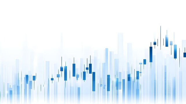 Blue candlestick chart and abstract financial growth graph lines on white background background. element for forex trading, stock market analysis and business banner. Stock Illustration