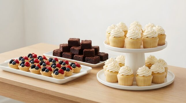 Assorted dessert table featuring gourmet mini fruit tarts, chocolate brownies, and cupcakes with creamy vanilla frosting
