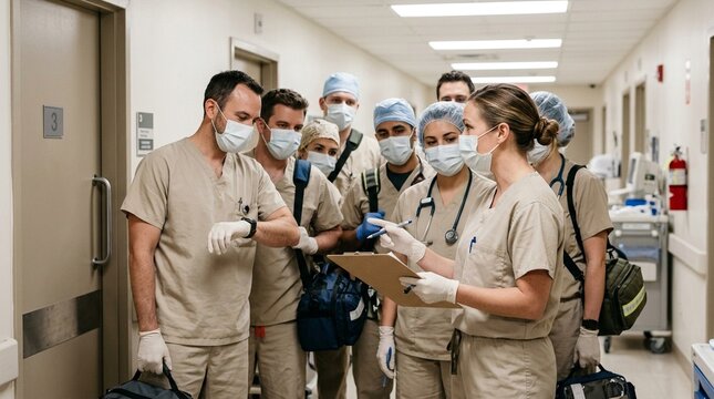 Emergency team briefing wrapping up with a final headcount before the team enters the room