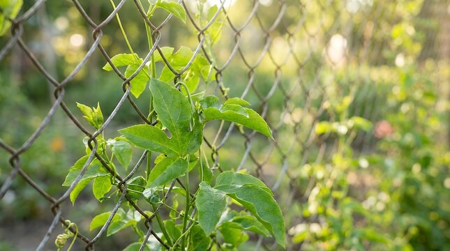 Selective focus on bright emerald climbing foliage winding along a wire mesh partition against a soft out of focus setting ivy leaf green fence vine climbing plant nature urban nature environment eco