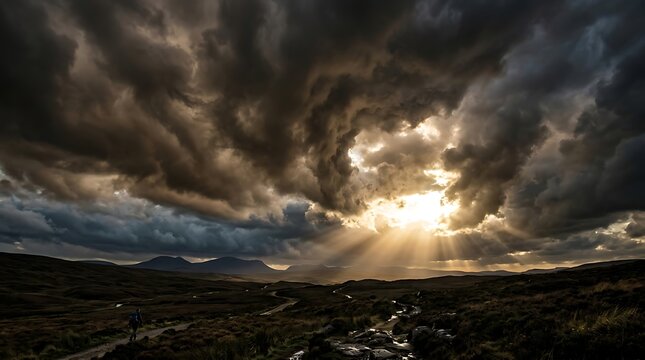 Dramatic landscape with dark storm clouds and golden sun rays breaking through
