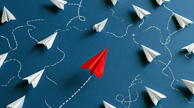 One red paper airplane stands out from a scattered flock of white ones