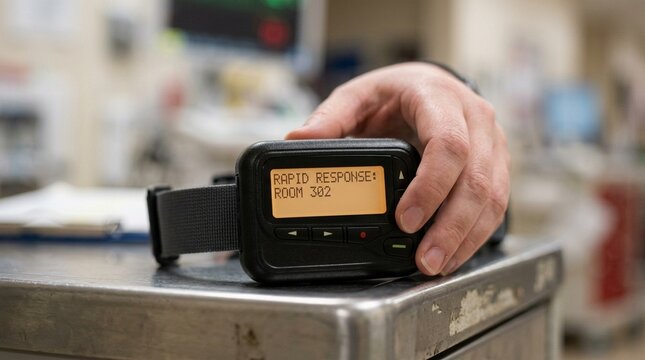 Close-up of a rapid response pager displaying an alert as a nurse reaches for it