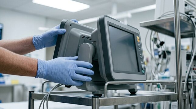 Rotating an emergency monitor slightly on its cart during a rapid response team's setup