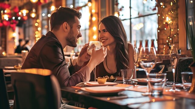 Romantic Dinner for Two at a Cozy, Warmly Lit Restaurant with Toasting Glasses