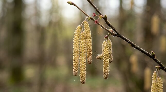 Macro Detail Early Spring Blooming Tree Catkins Branch Soft Forest Background hazel catkins spring blooming pollen flowers tree branch macro detail forest background seasonal nature floral closeup