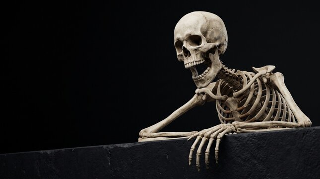 Skeleton holding black empty card on black background mockup for Halloween card
