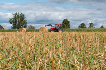 Red tractor working in a harvested agricultural field, farm machinery for farming and crop production under dramatic cloudy sky © Iryna