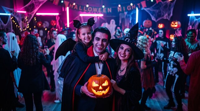 Halloween Costume Party: Father Count Dracula Holds Little Bat Girl Daughter and Hugs Witch Wife for a Happy Family Portrait. In the Background Monsters Having Fun