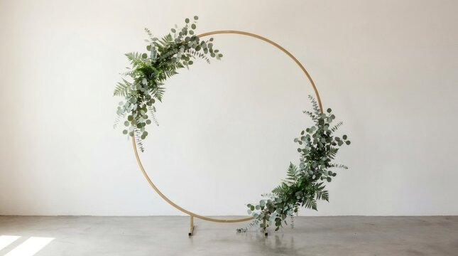 Modern minimalist ceremony backdrop featuring a large gold ring arch adorned with fresh botanical greenery