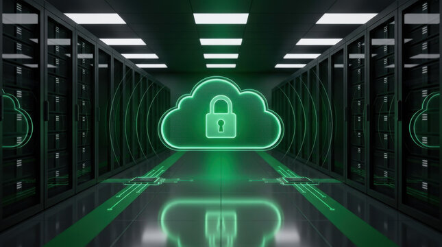 Green glowing cloud with padlock icon inside a dark server room, symbolizing cloud security, data protection and encrypted network storage