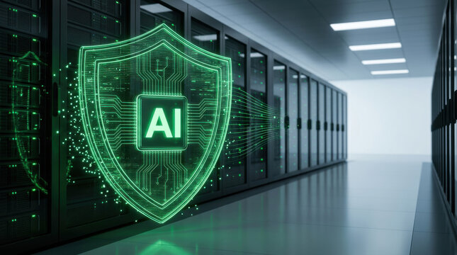 Glowing green shield with AI chip protecting rows of servers in a data center, representing machine learning driven network security and data privacy
